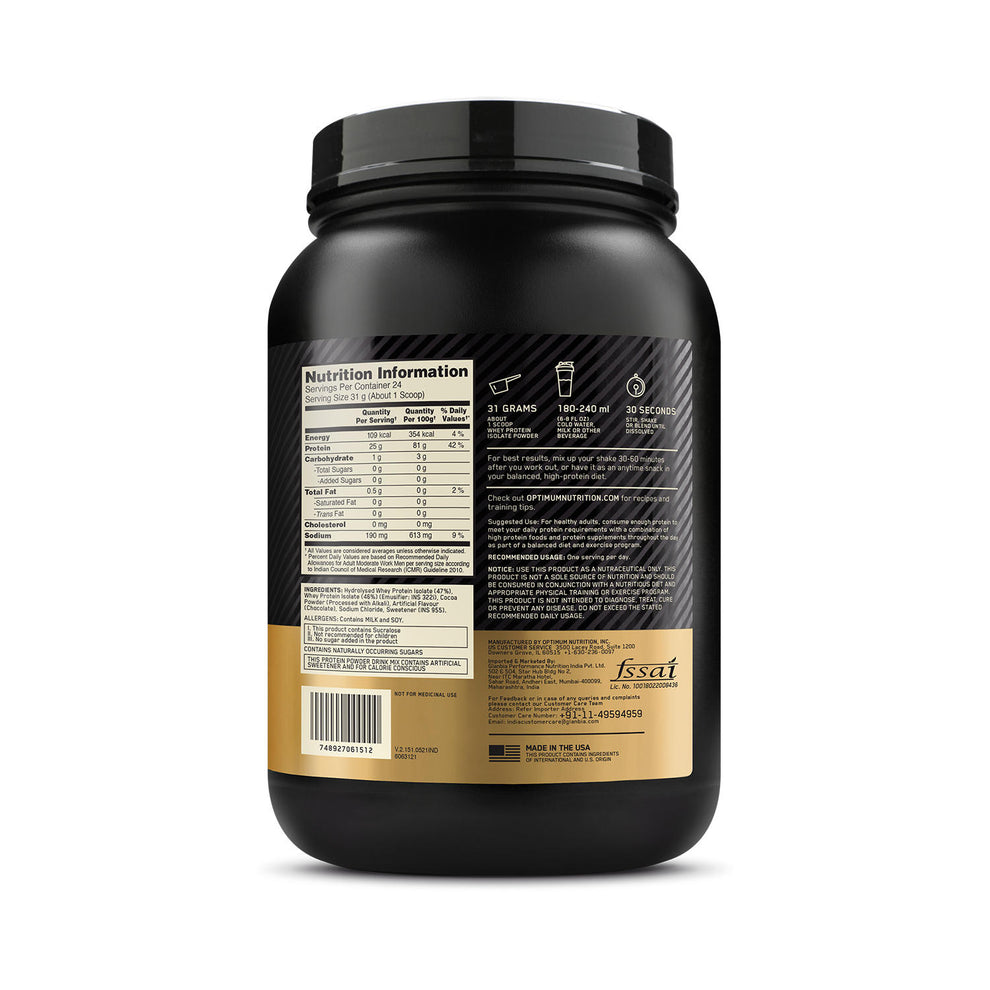 Optimum Nutrition Gold Standard 100% Isolate 744 gm 24 serv. Chocolate Bliss