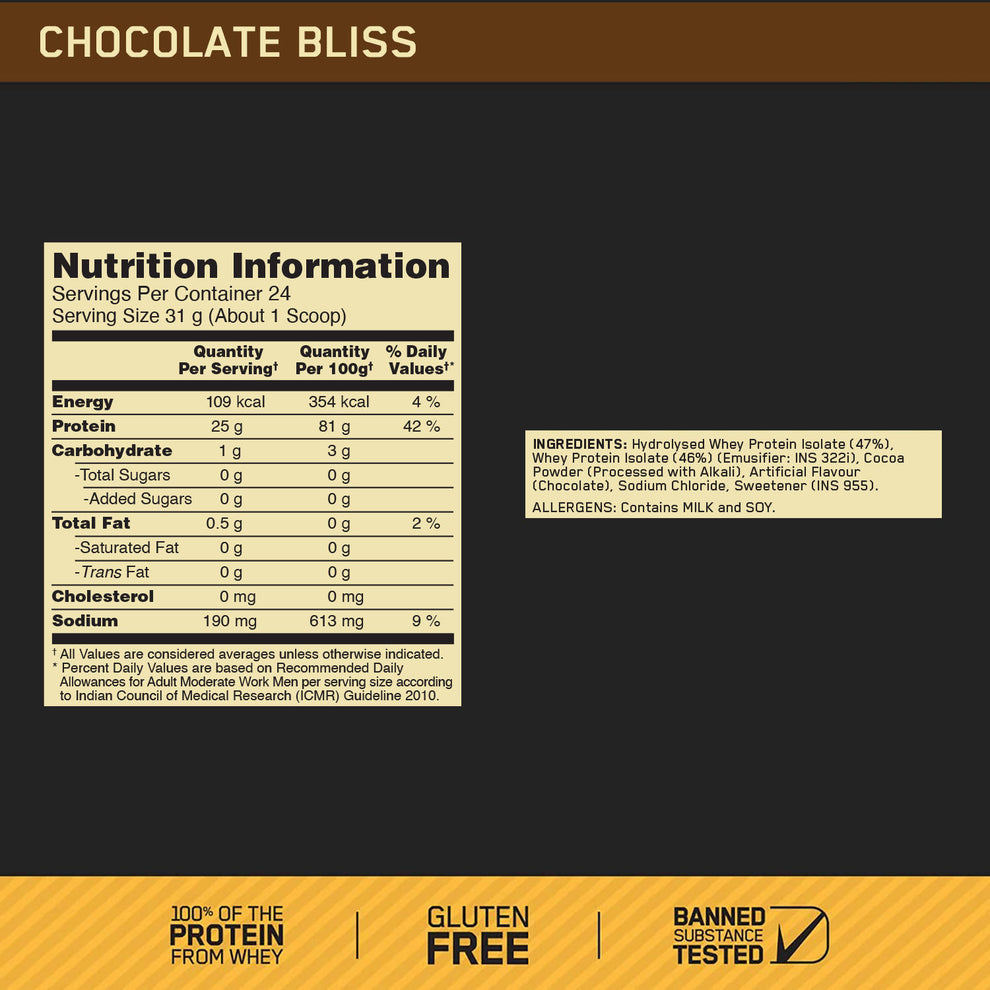 Optimum Nutrition Gold Standard 100% Isolate 744 gm 24 serv. Chocolate Bliss