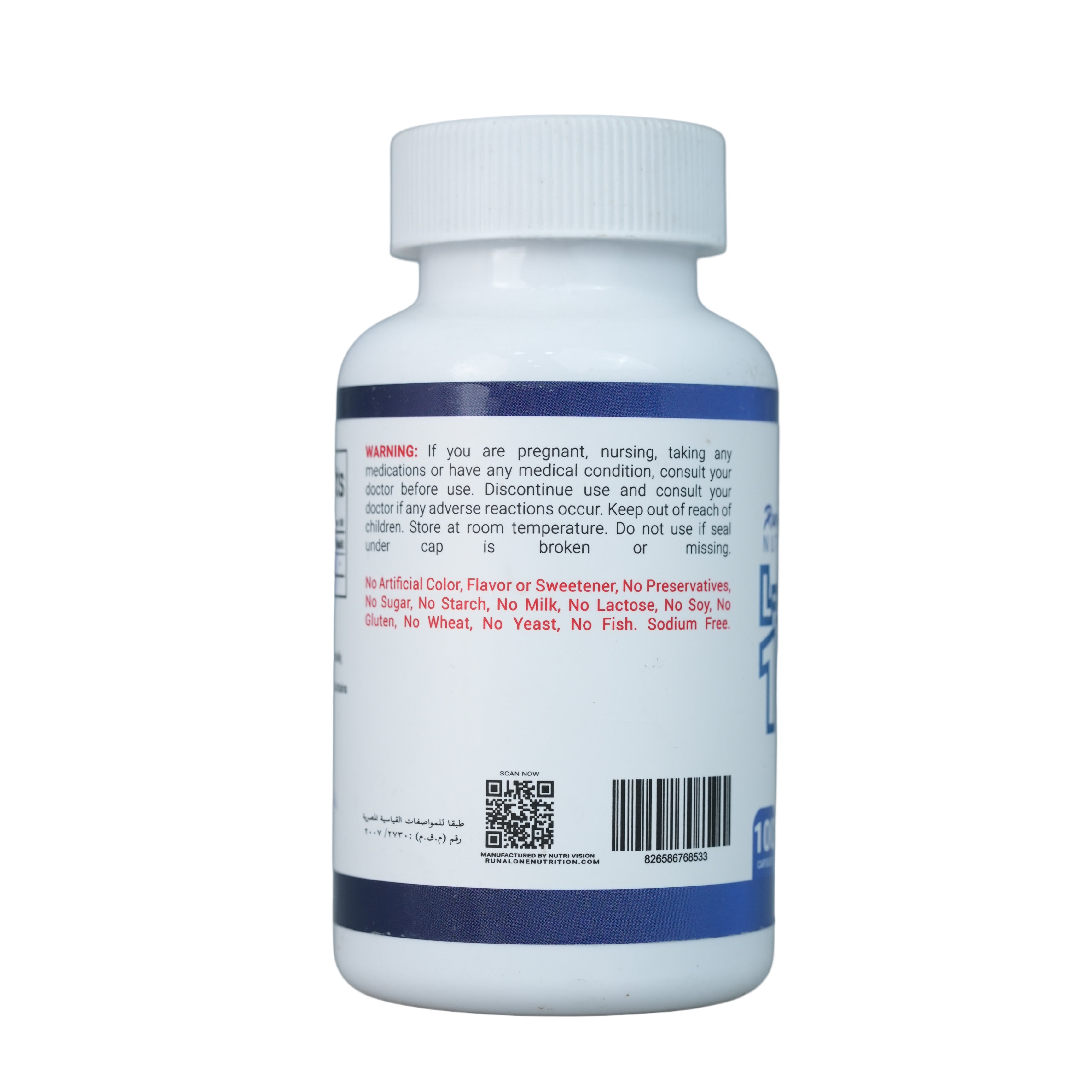 Run Alone Nutrition L-ARGININE 1000mg.-100Serv.-100Capsules